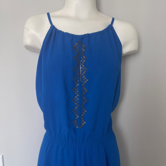 Red Saks 5th Avenue Beautiful Royal blue with gold beads maxi halter dress - Picture 6 of 9